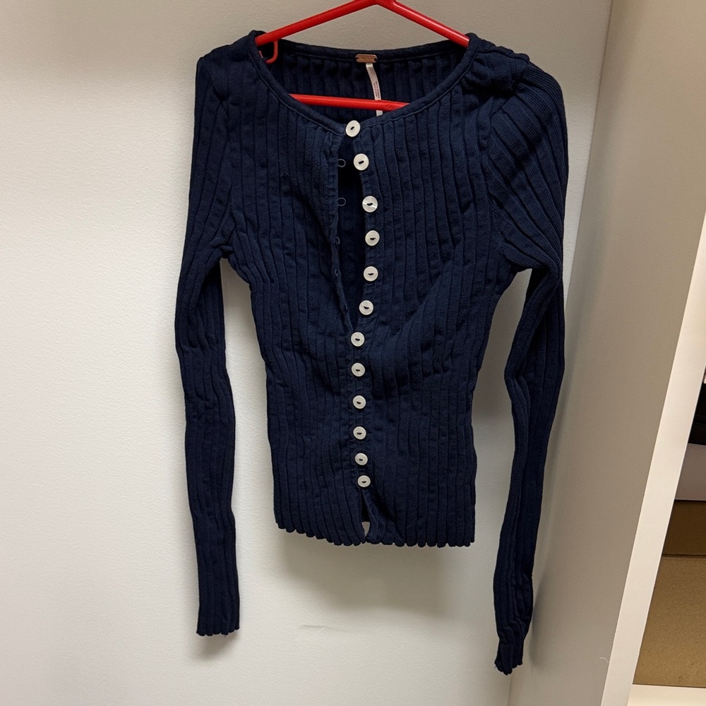 Free People Navy Long Sleeve Button-Up Top